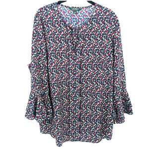 Lauren Ralph Lauren Blouse Women XL Blue Flared Sleeve Top Button Up Silky Tunic
